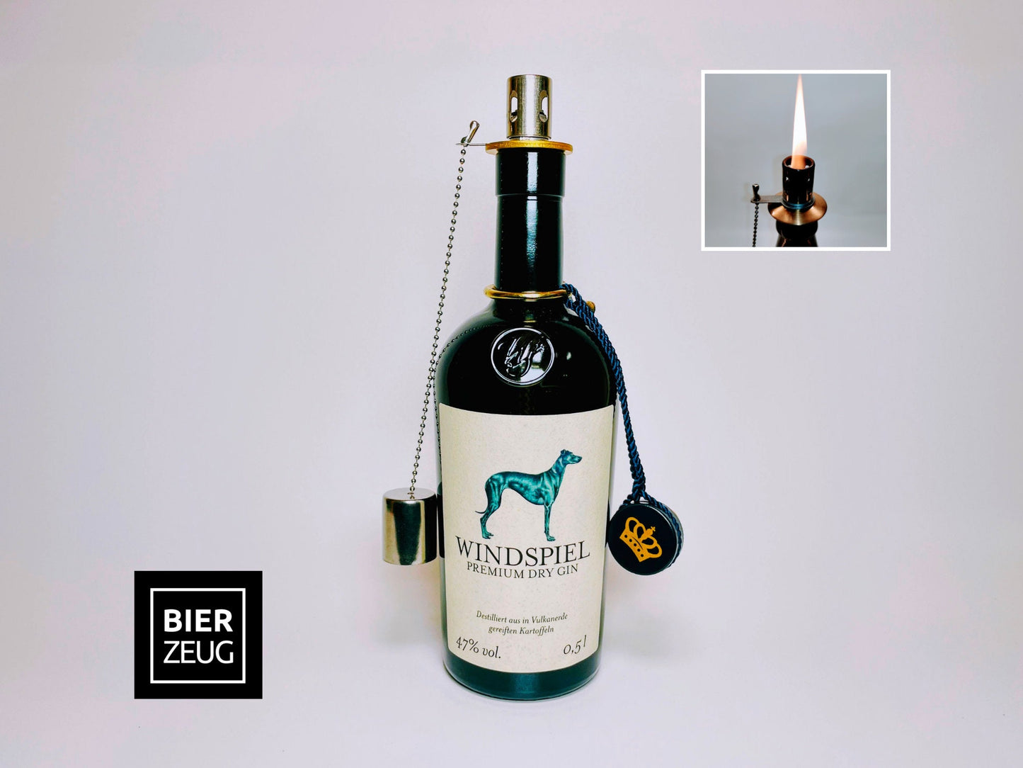 Gin Öllampe “Windspiel“ | Handgemachte Öllampe aus Windspiel Gin Flasche | Upcycling | Individuell | Geschenk | Windhund | Balkon | Deko