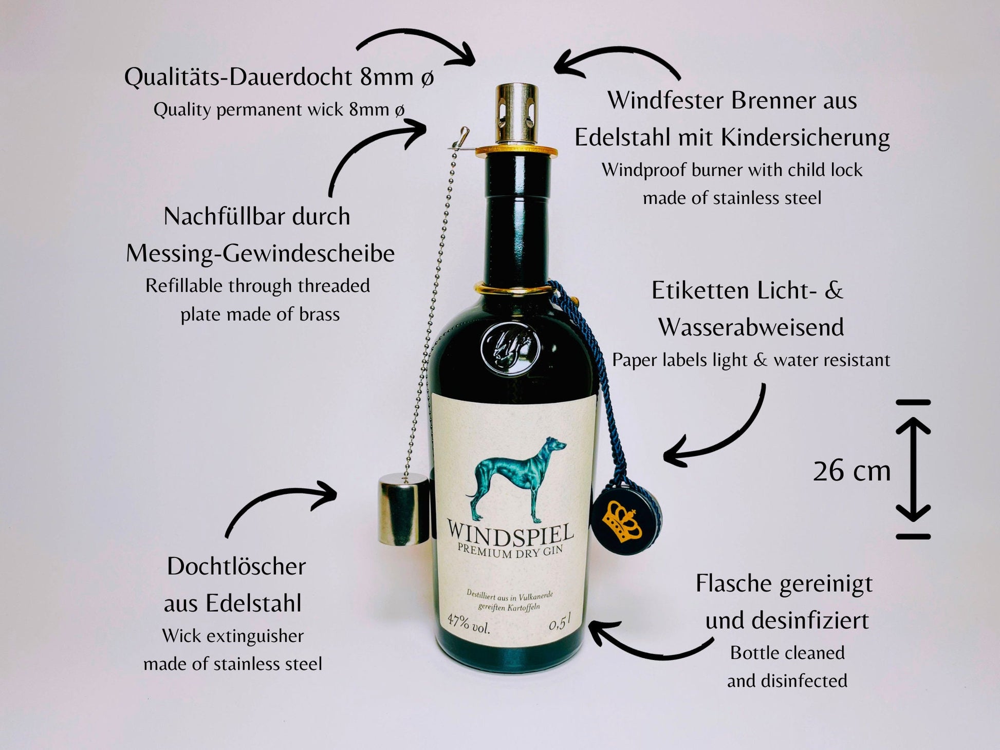 Gin Öllampe “Windspiel“ | Handgemachte Öllampe aus Windspiel Gin Flasche | Upcycling | Individuell | Geschenk | Windhund | Balkon | Deko