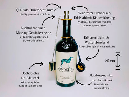 Gin Öllampe “Windspiel“ | Handgemachte Öllampe aus Windspiel Gin Flasche | Upcycling | Individuell | Geschenk | Windhund | Balkon | Deko