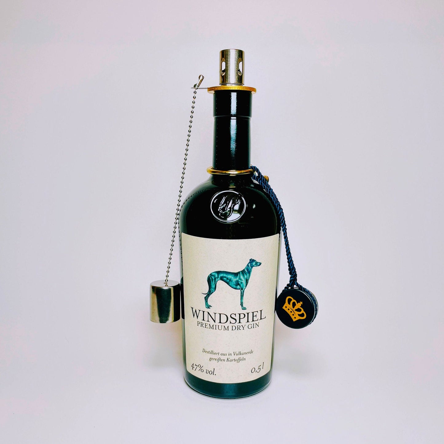 Gin Öllampe “Windspiel“ | Handgemachte Öllampe aus Windspiel Gin Flasche | Upcycling | Individuell | Geschenk | Windhund | Balkon | Deko