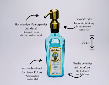 Gin-Seifenspender "Bombay Bubbles" | Handgemachter Upcycling Pumpspender aus Bombay Ginflasche | Nachfüllbar | Bad Deko Geschenk aus England