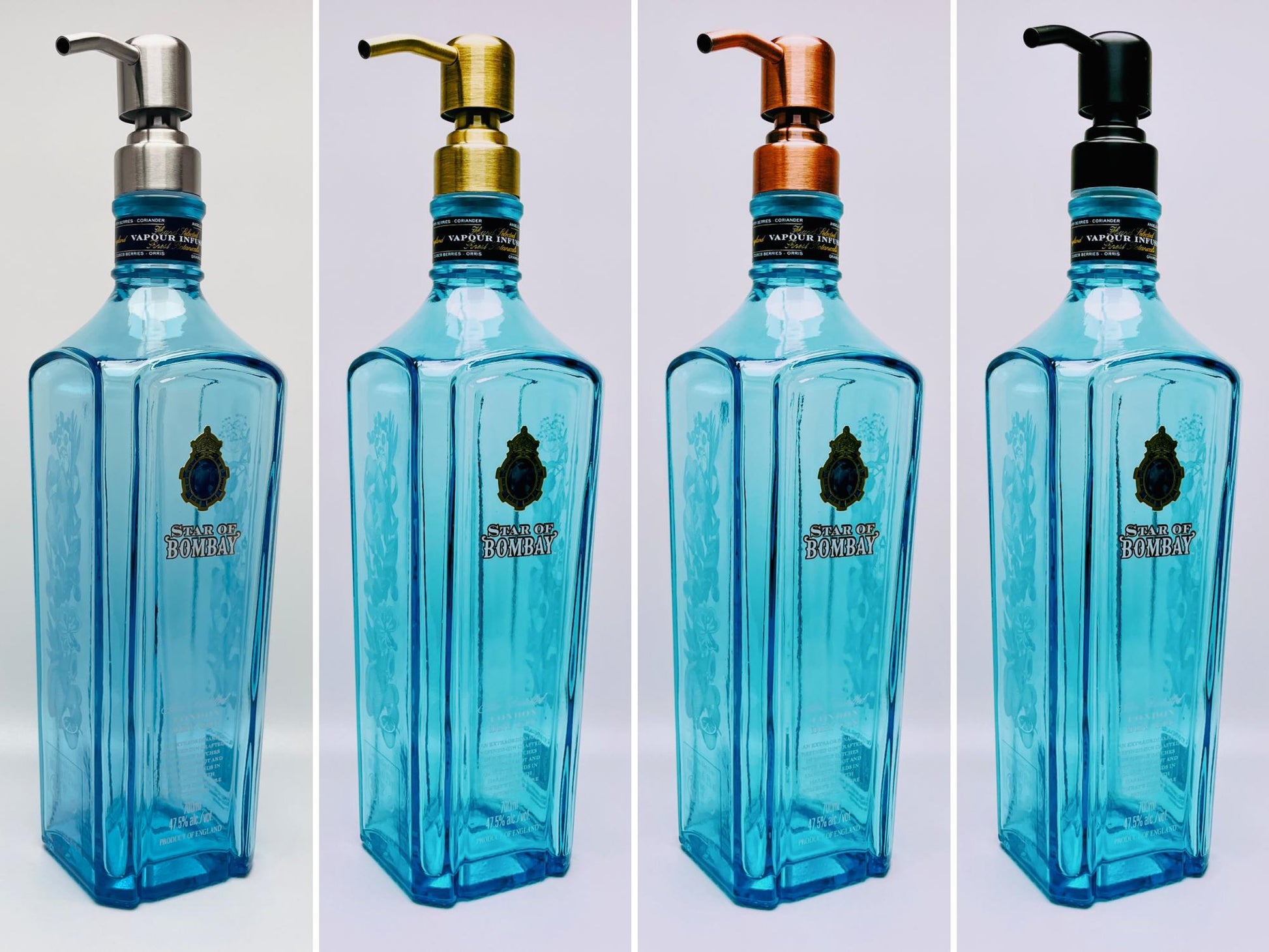 Gin-Seifenspender "Bombay Bubbles" | Handgemachter Upcycling Pumpspender aus Bombay Ginflasche | Nachfüllbar | Bad Deko Geschenk aus England
