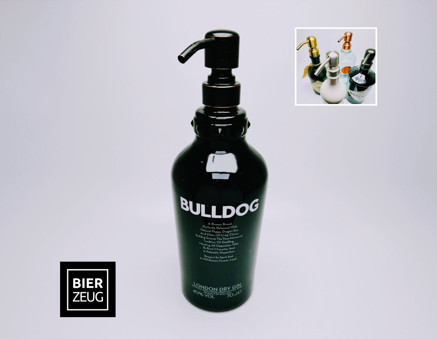 Gin-Seifenspender “Bulldog Brilliance“ | Upcycling Pumpspender aus Bulldog Gin-Flasche | Nachfüllbar mit Seife | Bad Deko Geschenk England