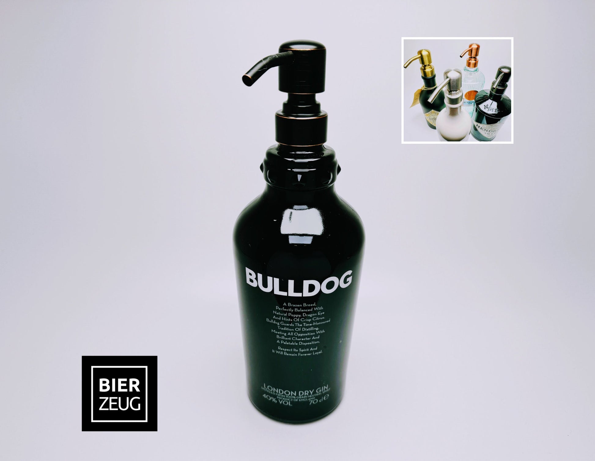 Gin-Seifenspender “Bulldog Brilliance“ | Upcycling Pumpspender aus Bulldog Gin-Flasche | Nachfüllbar mit Seife | Bad Deko Geschenk England