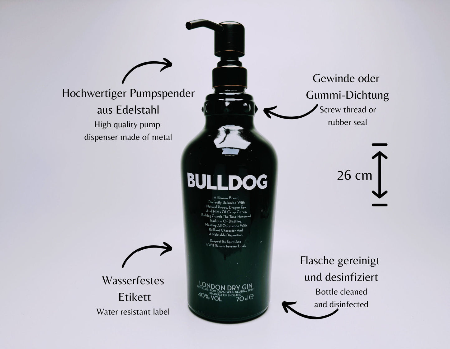 Gin-Seifenspender “Bulldog Brilliance“ | Upcycling Pumpspender aus Bulldog Gin-Flasche | Nachfüllbar mit Seife | Bad Deko Geschenk England