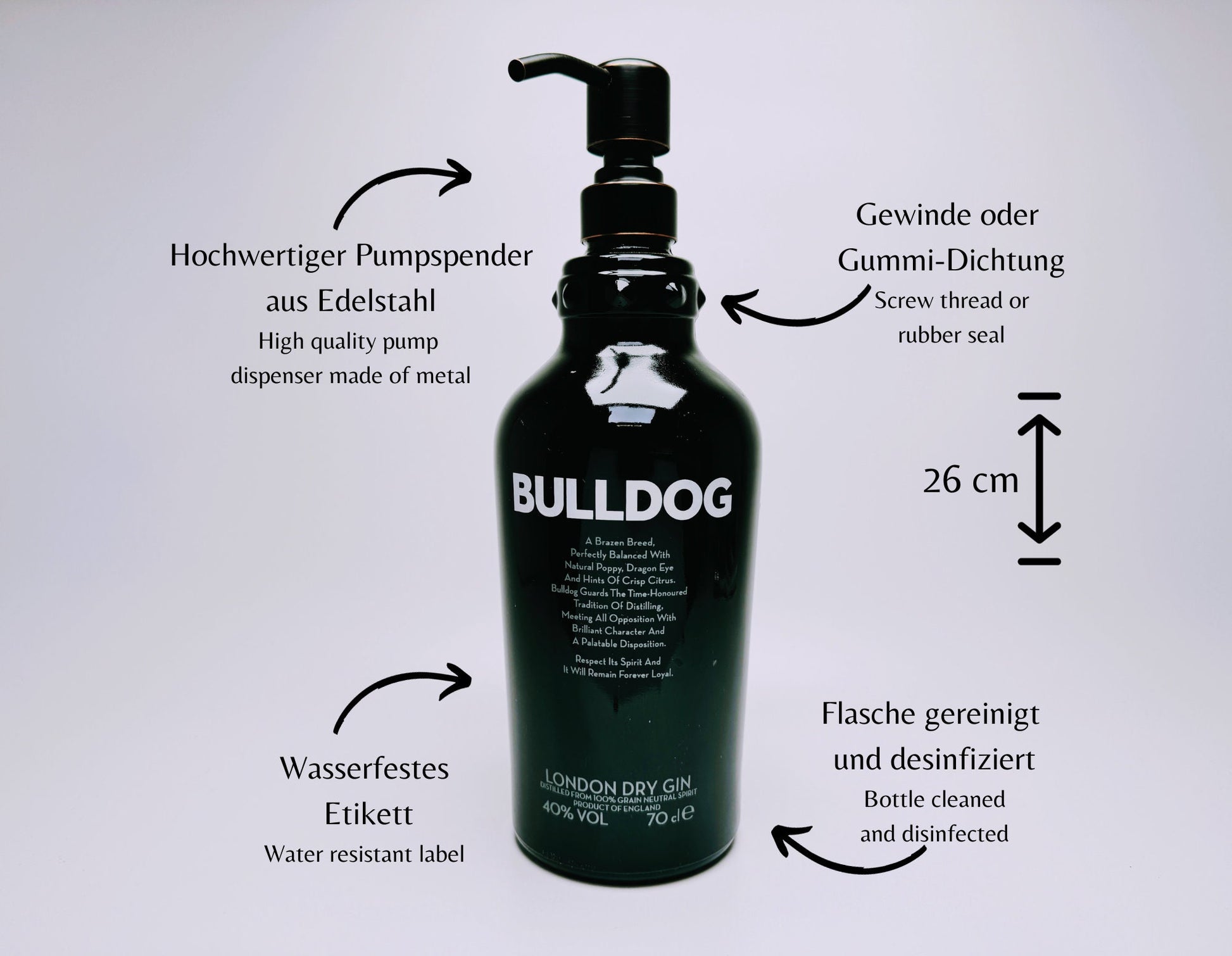 Gin-Seifenspender “Bulldog Brilliance“ | Upcycling Pumpspender aus Bulldog Gin-Flasche | Nachfüllbar mit Seife | Bad Deko Geschenk England