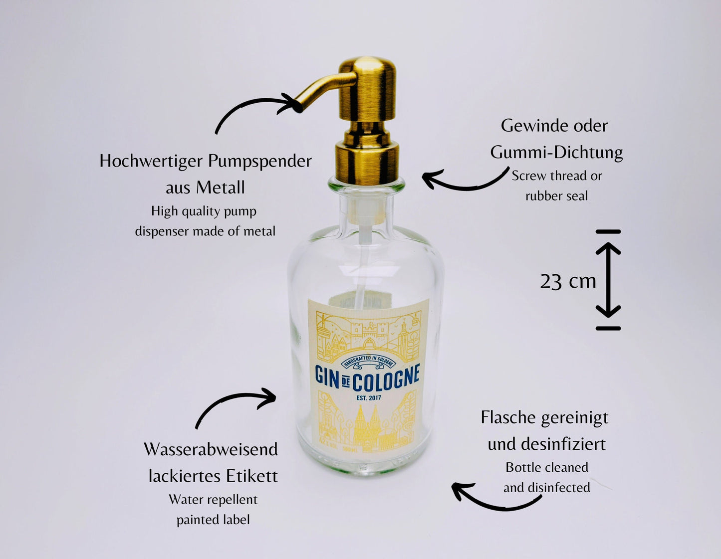 Gin-Seifenspender “Gin de Cologne“ | Upcycling Pumpspender aus Gin Cologne Flaschen | Nachfüllbar mit Seife etc. | Bad Deko | Geschenk Köln