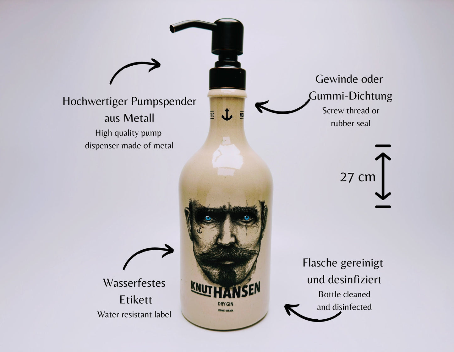 Gin-Seifenspender “Keramik“ | Upcycling Pumpspender aus Steingut-Flaschen | Nachfüllbar mit Seife, Lotion, Shampoo | Bad-Deko Geschenk-Idee