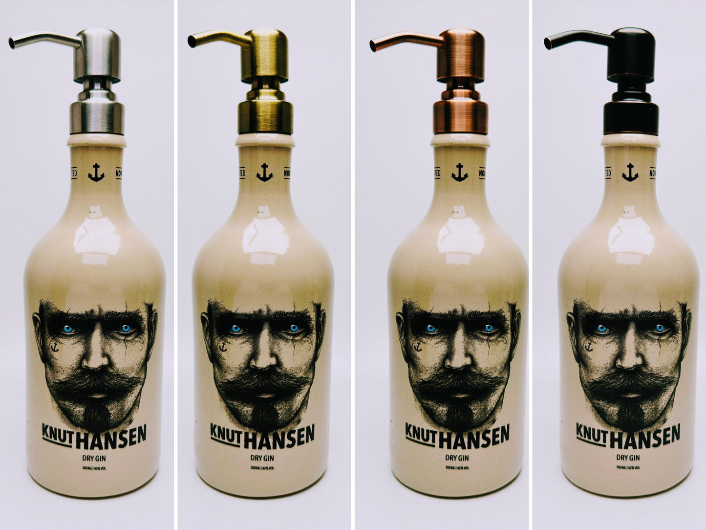 Gin-Seifenspender “Keramik“ | Upcycling Pumpspender aus Steingut-Flaschen | Nachfüllbar mit Seife, Lotion, Shampoo | Bad-Deko Geschenk-Idee