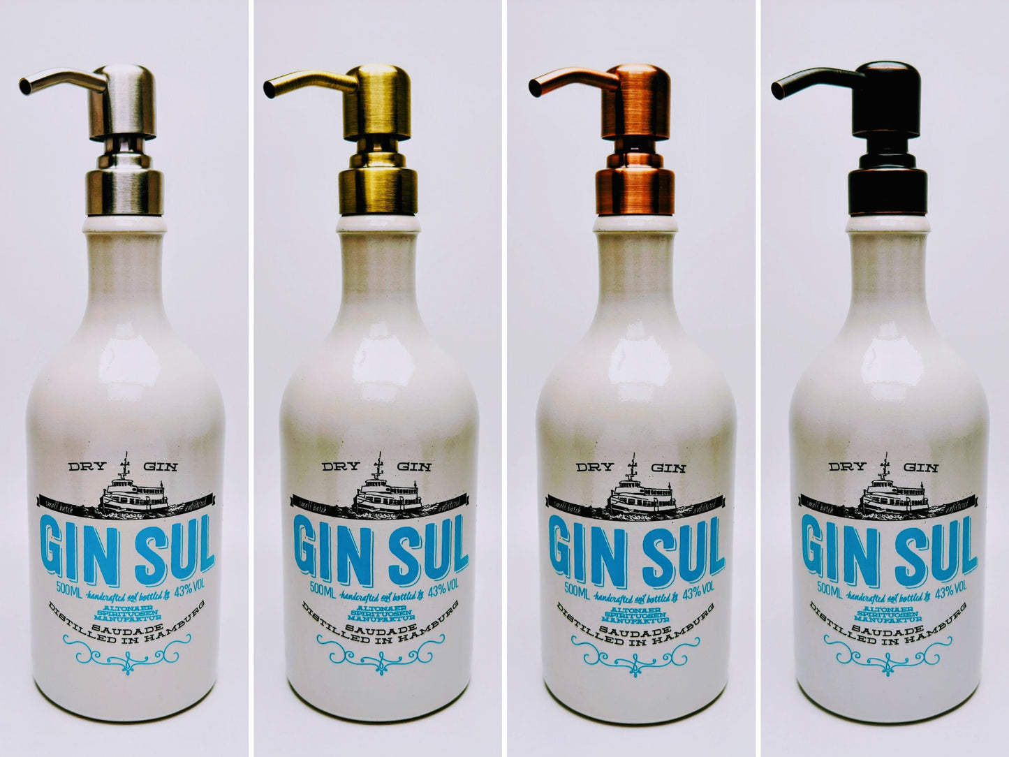Gin-Seifenspender “Keramik“ | Upcycling Pumpspender aus Steingut-Flaschen | Nachfüllbar mit Seife, Lotion, Shampoo | Bad-Deko Geschenk-Idee