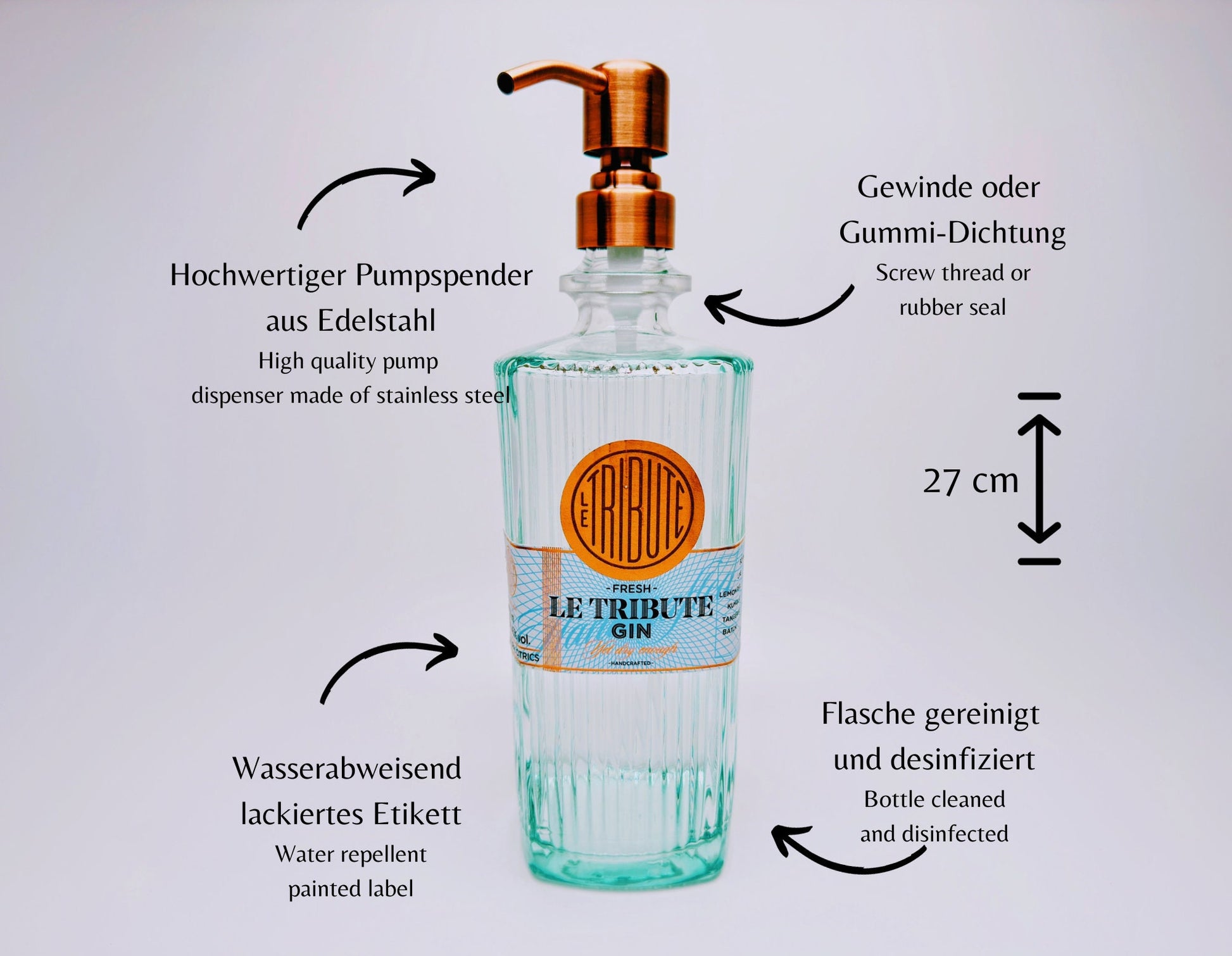 Gin-Seifenspender “Le Tribute“ | Upcycling Pumpspender aus Le Tribute Gin Flasche | Nachfüllbar mit Seife | Bad Deko | Geschenk Spanien