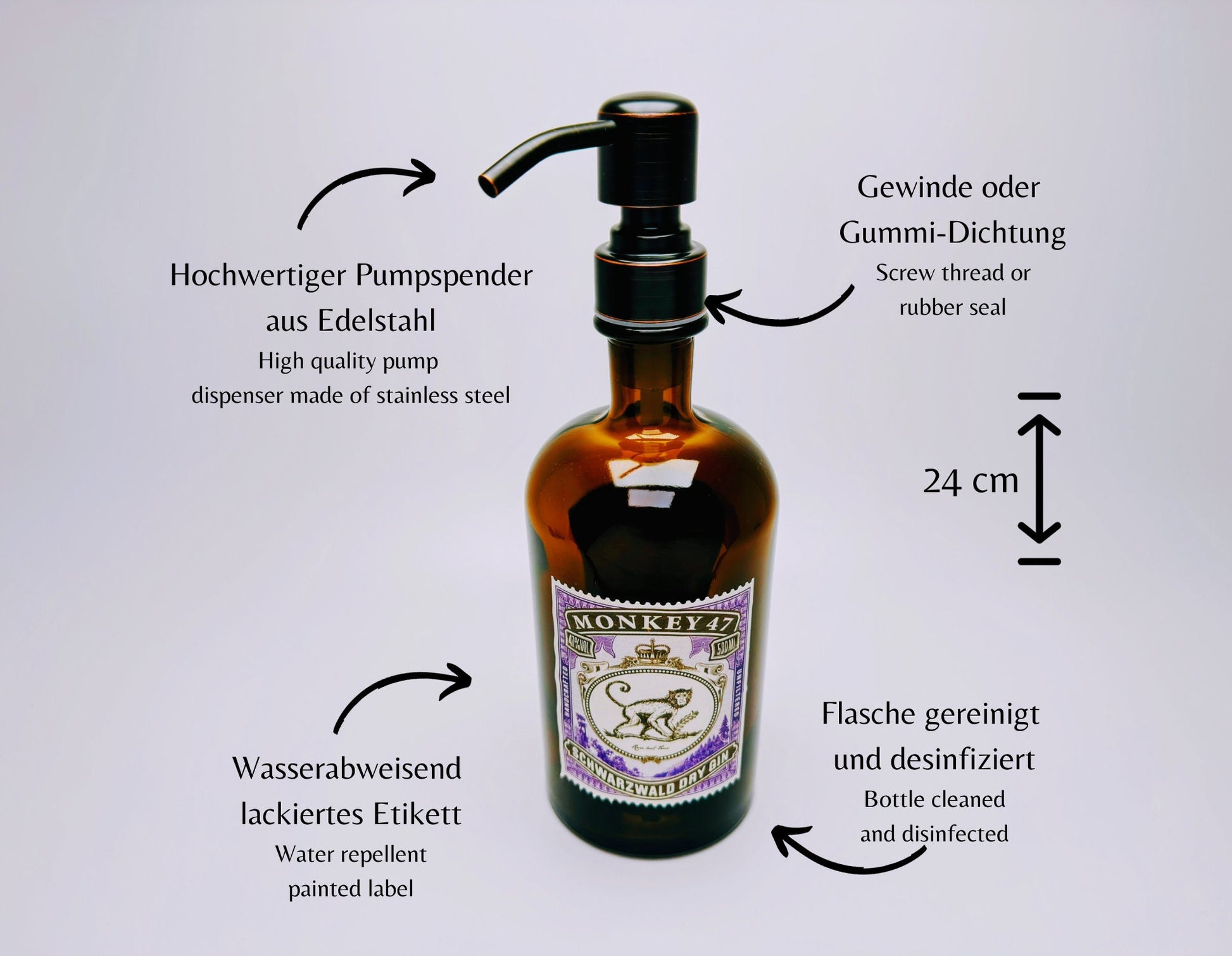 Gin-Seifenspender “Monkey 47“ | Upcycling Pumpspender aus Monkey47 Gin Flasche | Nachfüllbar mit Seife | Bad Deko | Geschenk Schwarzwald