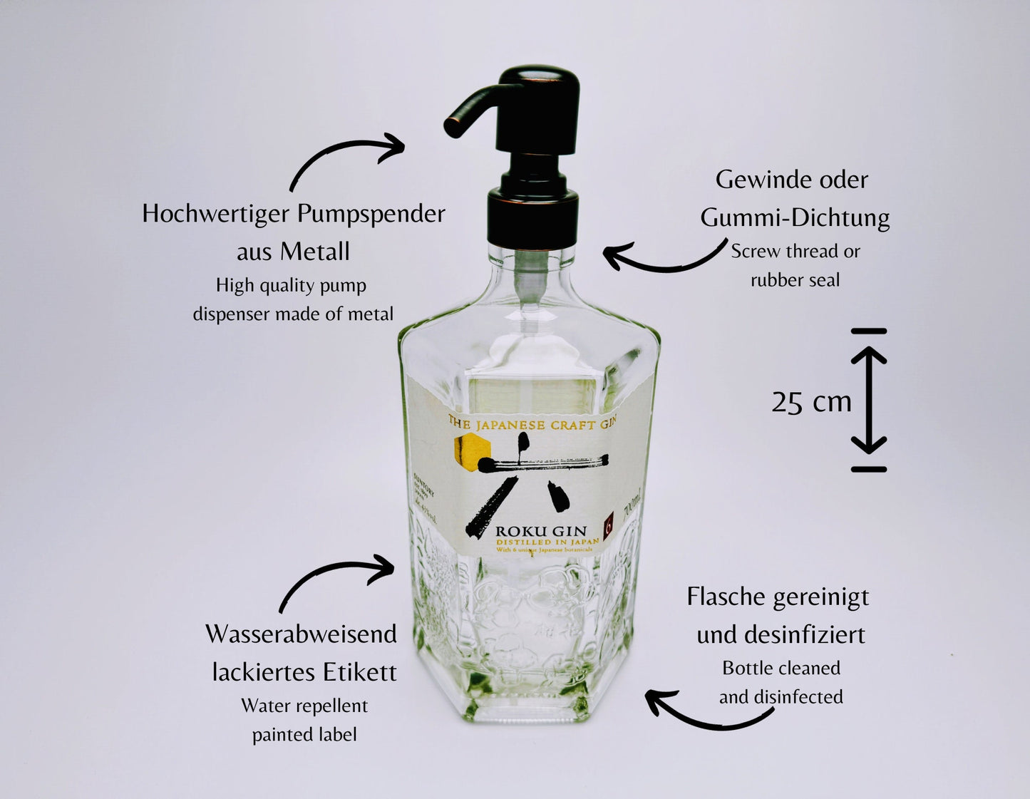 Gin-Seifenspender “Roku“ | Upcycling Pumpspender aus Roku Gin Flasche | Nachfüllbar mit Seife, Spüli, Lotion | Bad Deko | Geschenk Japan