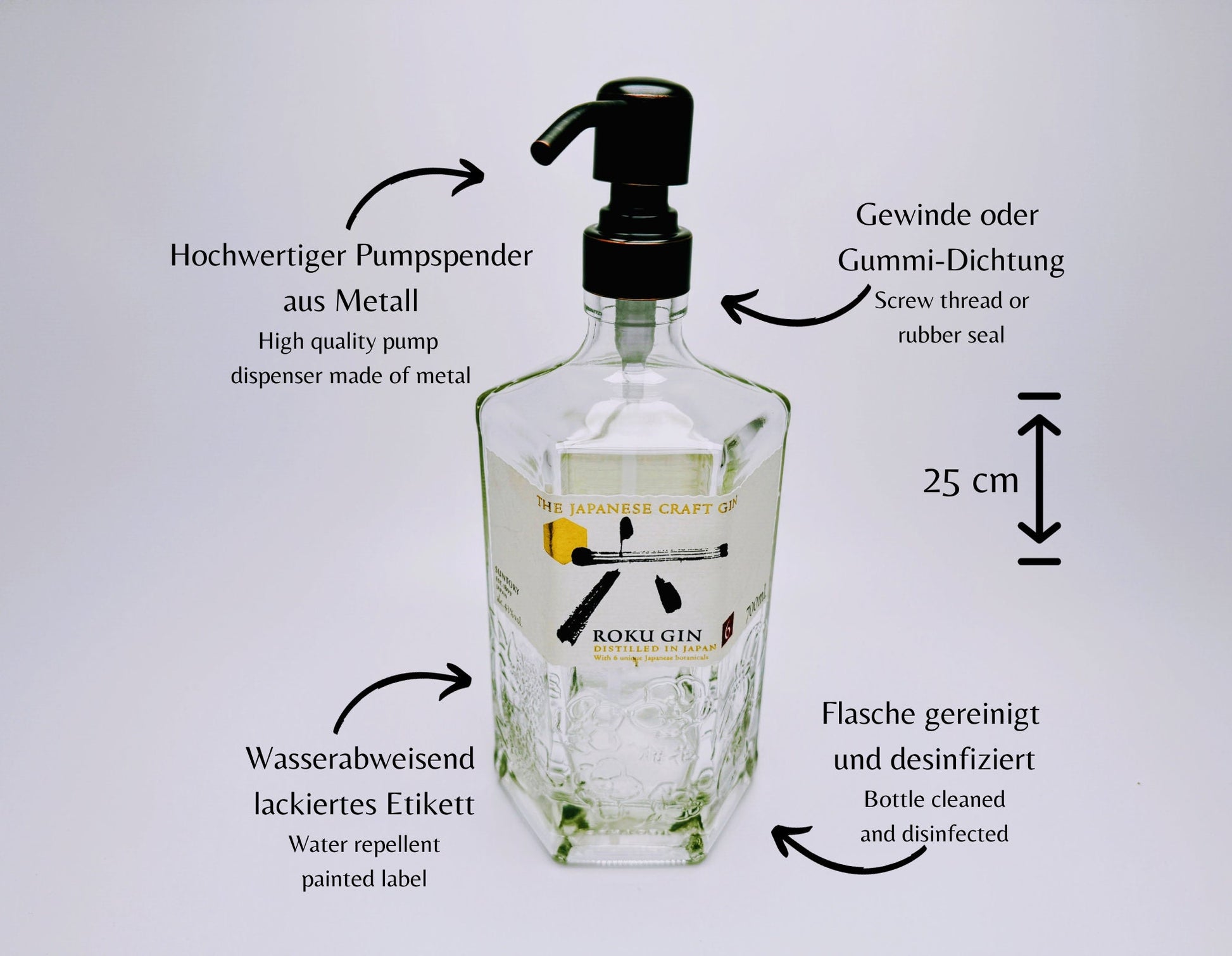 Gin-Seifenspender “Roku“ | Upcycling Pumpspender aus Roku Gin Flasche | Nachfüllbar mit Seife, Spüli, Lotion | Bad Deko | Geschenk Japan