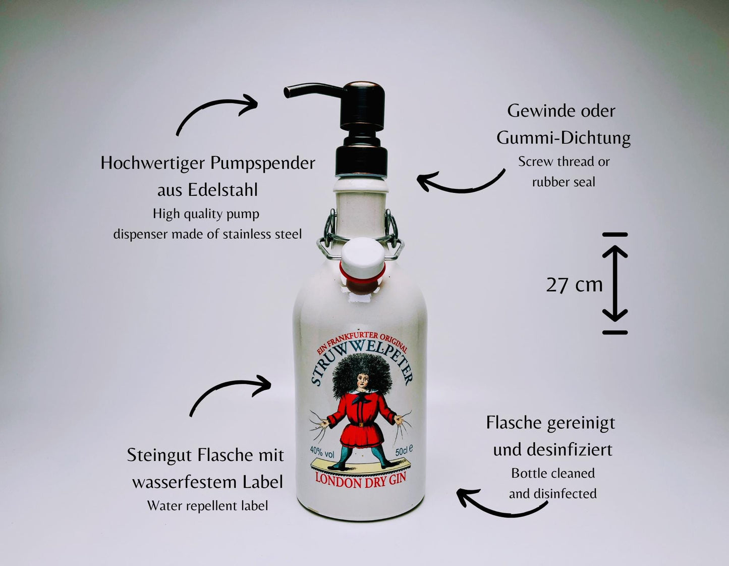 Gin-Seifenspender “Struwwelpeter“ | Upcycling Pumpspender aus Struwwelpeter Gin Flasche | Nachfüllbar Seife | Bad Deko | Geschenk Frankfurt