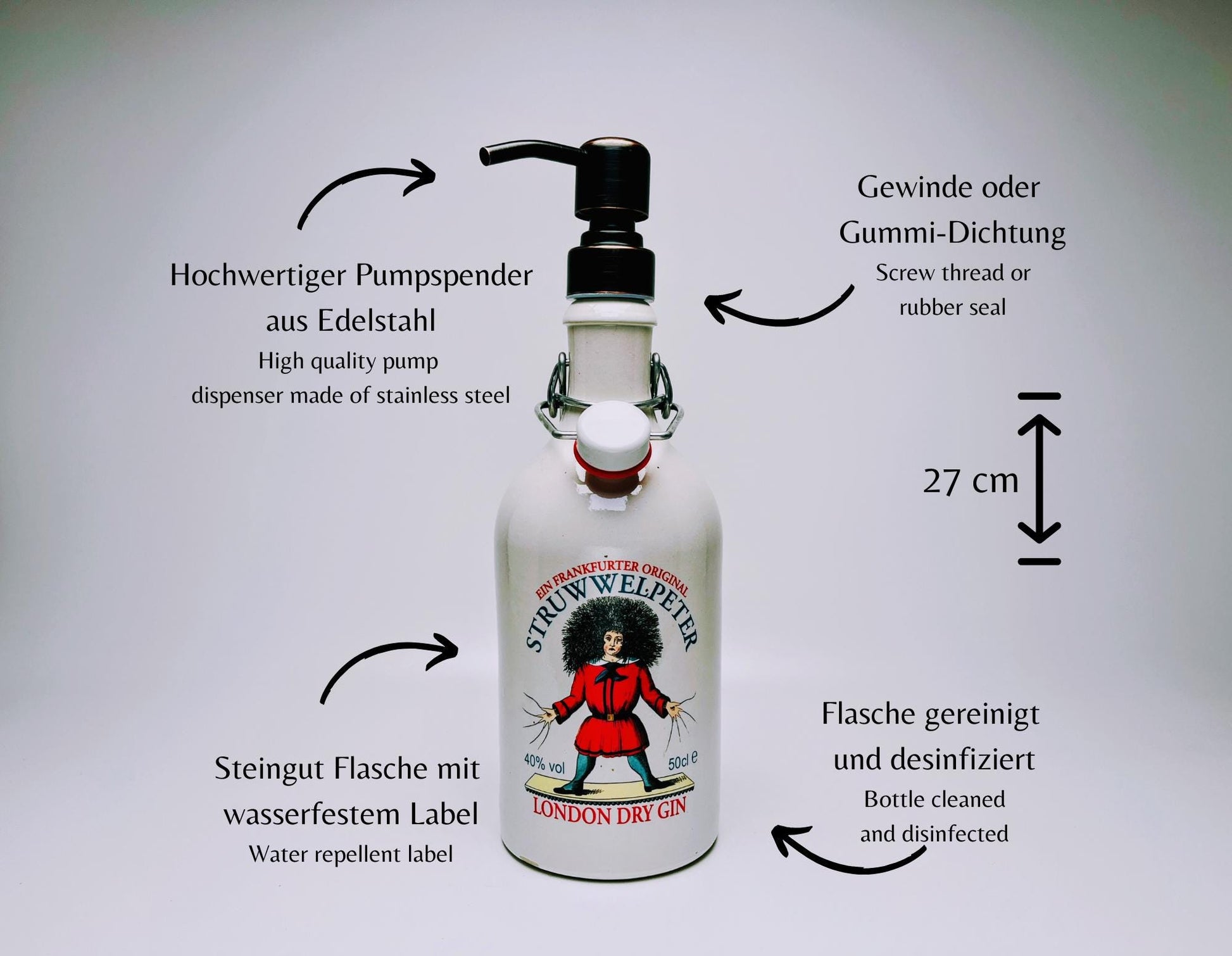 Gin-Seifenspender “Struwwelpeter“ | Upcycling Pumpspender aus Struwwelpeter Gin Flasche | Nachfüllbar Seife | Bad Deko | Geschenk Frankfurt