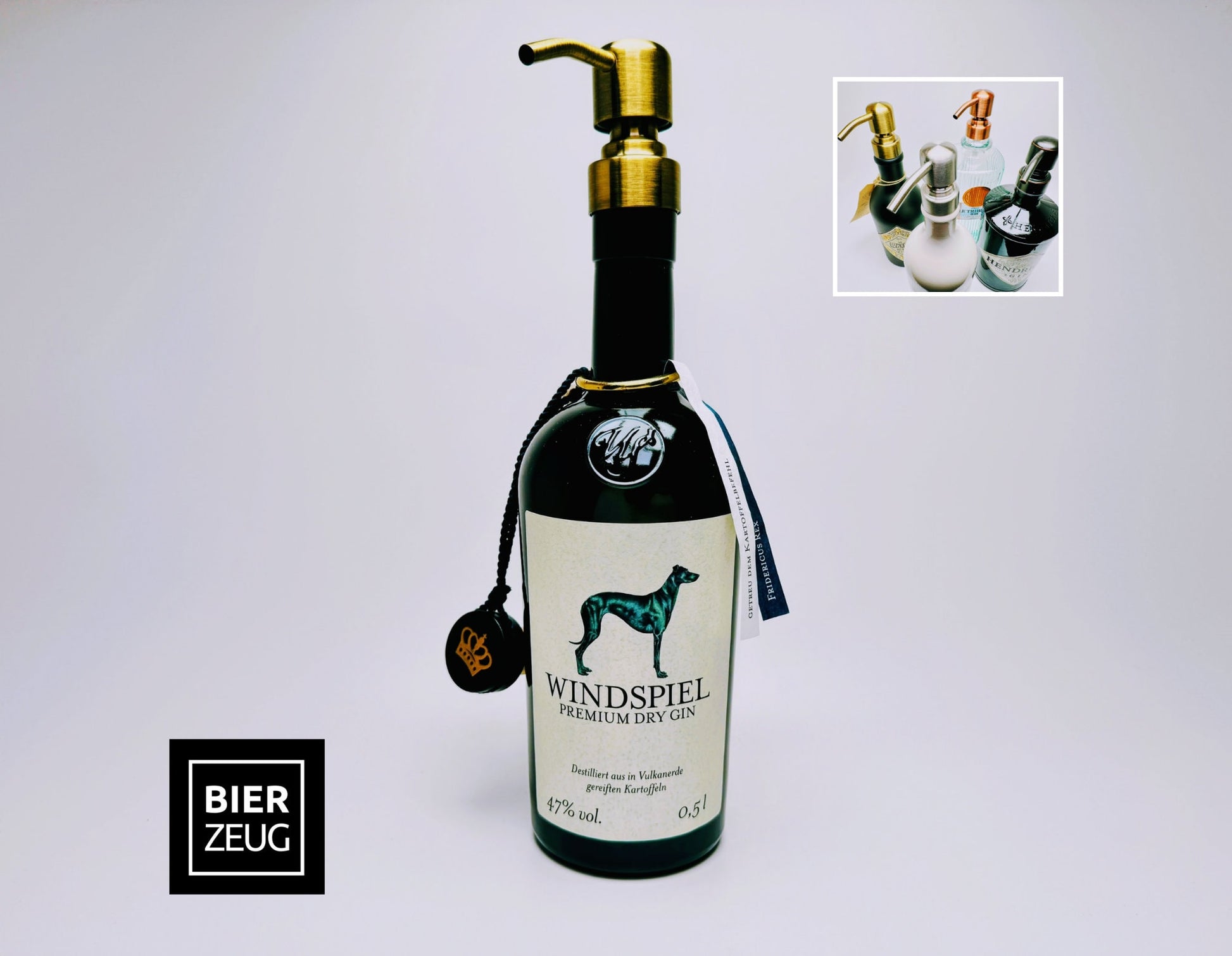 Gin-Seifenspender “Windspiel“ | Upcycling Pumpspender aus Windspiel Gin Flasche | Nachfüllbar mit Seife | Bad Deko | Geschenk Windhund Eifel