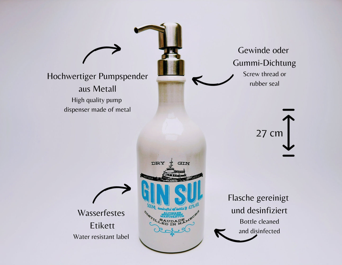 Gin Sul Seifenspender “Sul Spender” | Upcycling Pumpspender aus Gin Sul Flasche | Nachfüllbar | Deko Bad Geschenk Hamburg | 500ml - H:27cm