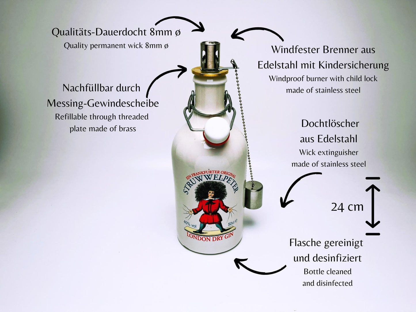 Gin Öllampe “Struwwelpeter“ | Handgemachte Öllampe aus Struwwelpeter Gin Flaschen | Upcycling | Handgefertigt | Geschenk | Deko | Frankfurt