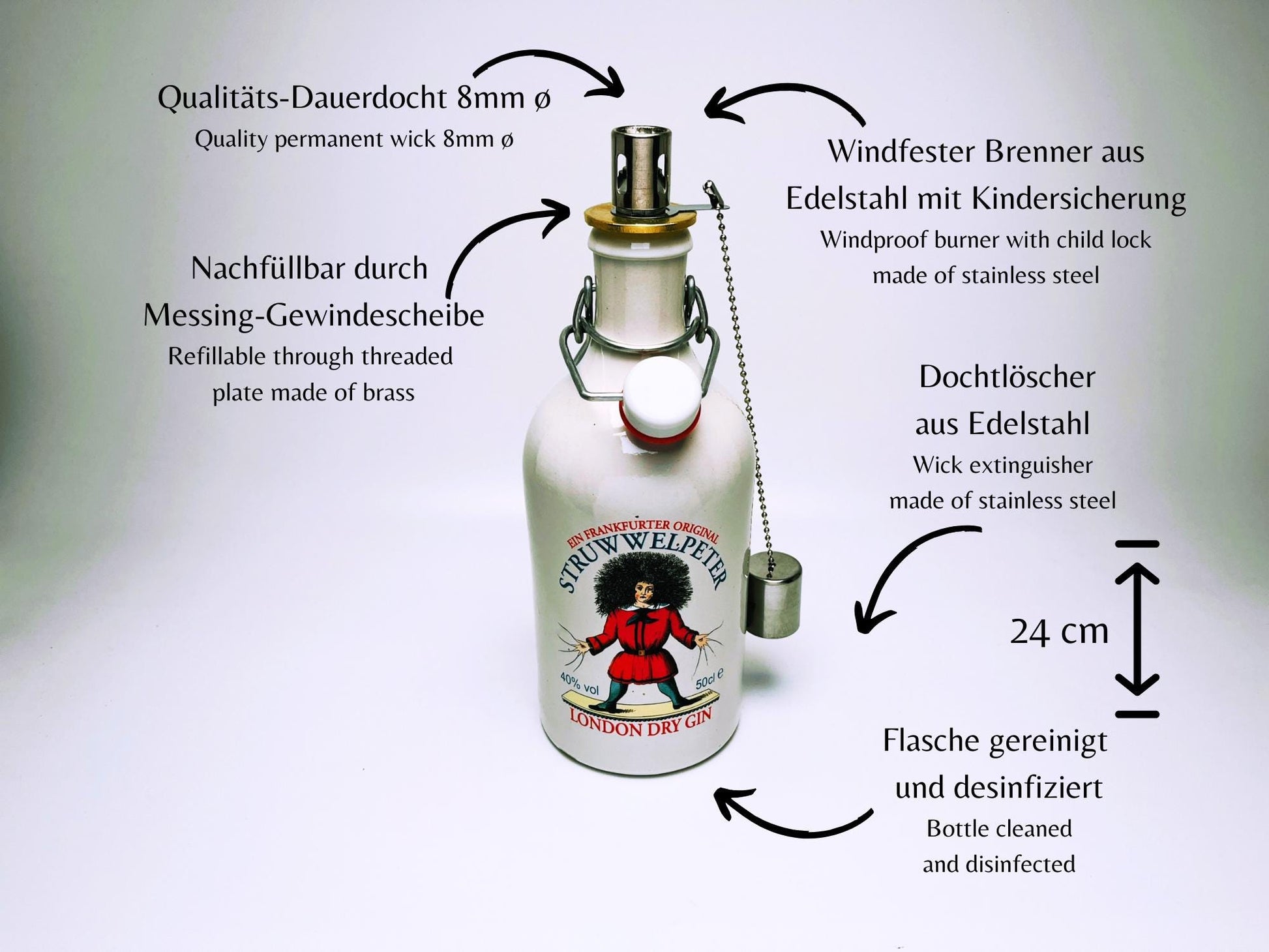 Gin Öllampe “Struwwelpeter“ | Handgemachte Öllampe aus Struwwelpeter Gin Flaschen | Upcycling | Handgefertigt | Geschenk | Deko | Frankfurt