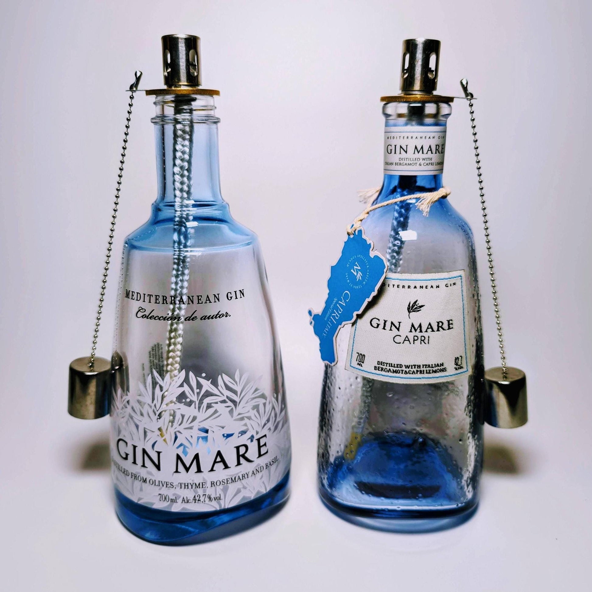 Gin Öllampe aus echter Ginflasche – Handgemachte Upcycling Lampe – Windlicht für Balkon & Garten Deko – Geschenkidee für Gin Liebhaber