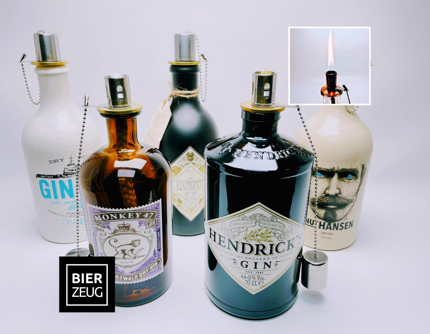 Gin Öllampe aus echter Ginflasche – Handgemachte Upcycling Lampe – Windlicht für Balkon & Garten Deko – Geschenkidee für Gin Liebhaber