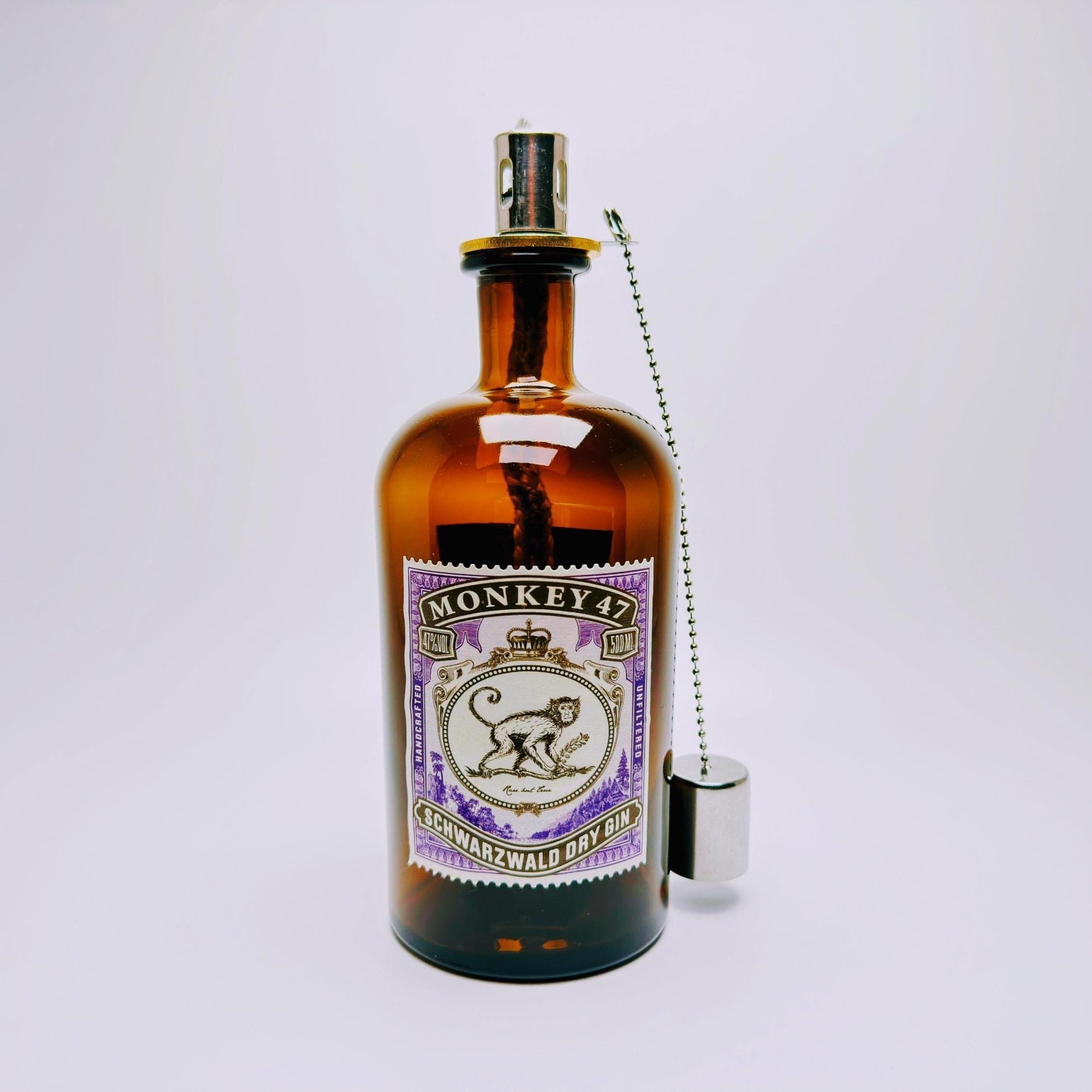 Gin Öllampe aus echter Ginflasche – Handgemachte Upcycling Lampe – Windlicht für Balkon & Garten Deko – Geschenkidee für Gin Liebhaber