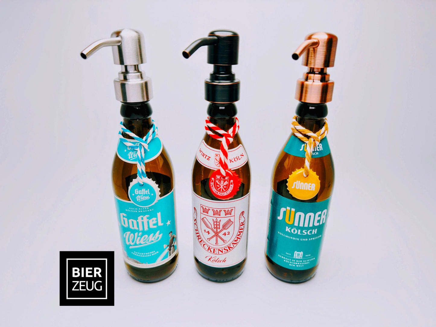 Kölsch-Seifenspender “Rheinschaum“ | Nachfüllbarer Seifenspender aus Kölsch-Bierflaschen | Handgemachtes Köln-Geschenk | Upcycling Bad-Deko