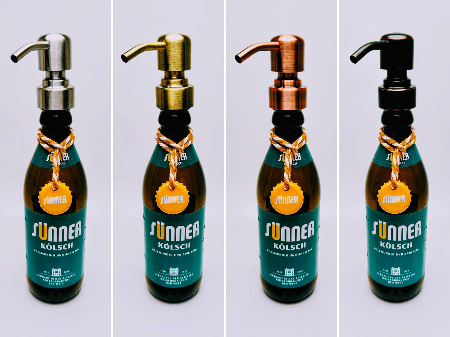 Kölsch-Seifenspender “Rheinschaum“ | Nachfüllbarer Seifenspender aus Kölsch-Bierflaschen | Handgemachtes Köln-Geschenk | Upcycling Bad-Deko