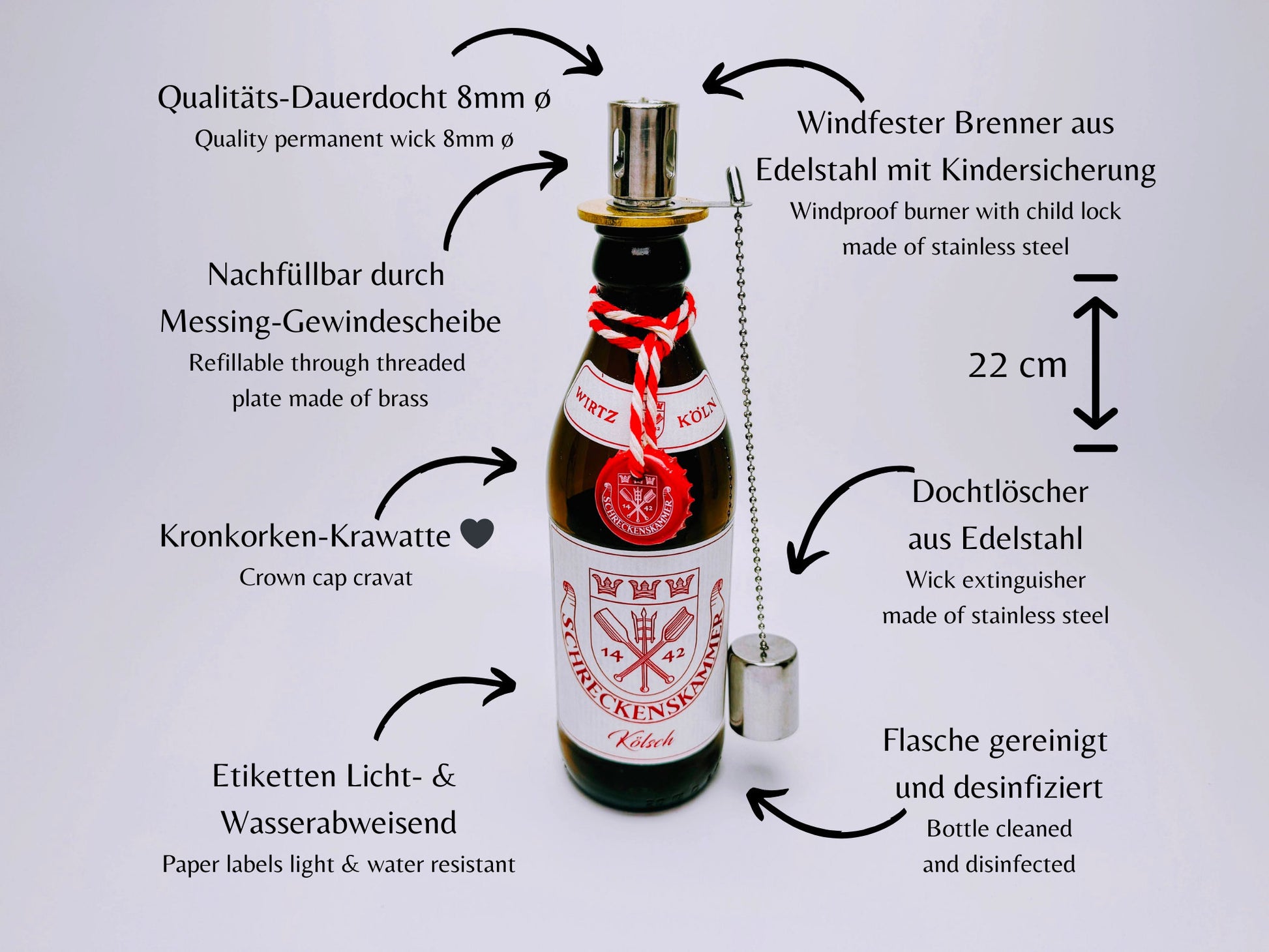 Kölsch Öllampe aus echter Kölschflasche – Handgemachte Upcycling Design Öllampe mit windfestem Flammenlicht – Bier Geschenkidee aus Köln