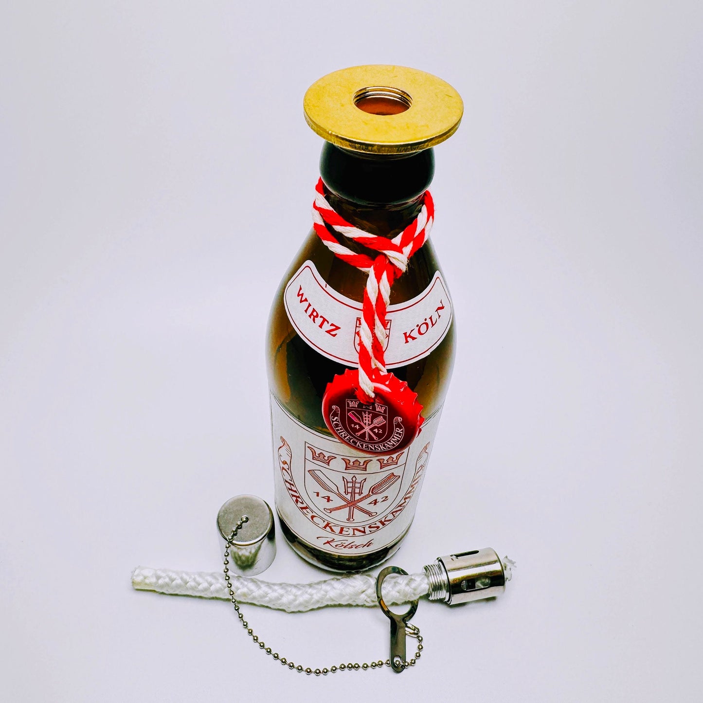 Kölsch Öllampe aus echter Kölschflasche – Handgemachte Upcycling Design Öllampe mit windfestem Flammenlicht – Bier Geschenkidee aus Köln