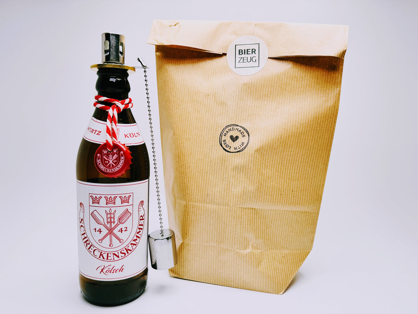 Kölsch Öllampe aus echter Kölschflasche – Handgemachte Upcycling Design Öllampe mit windfestem Flammenlicht – Bier Geschenkidee aus Köln