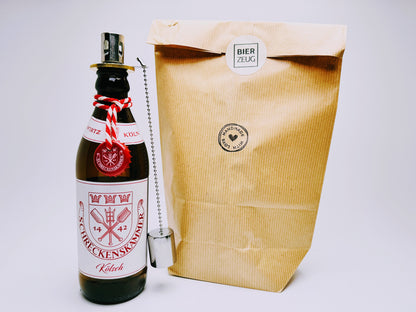 Kölsch Öllampe aus echter Kölschflasche – Handgemachte Upcycling Design Öllampe mit windfestem Flammenlicht – Bier Geschenkidee aus Köln