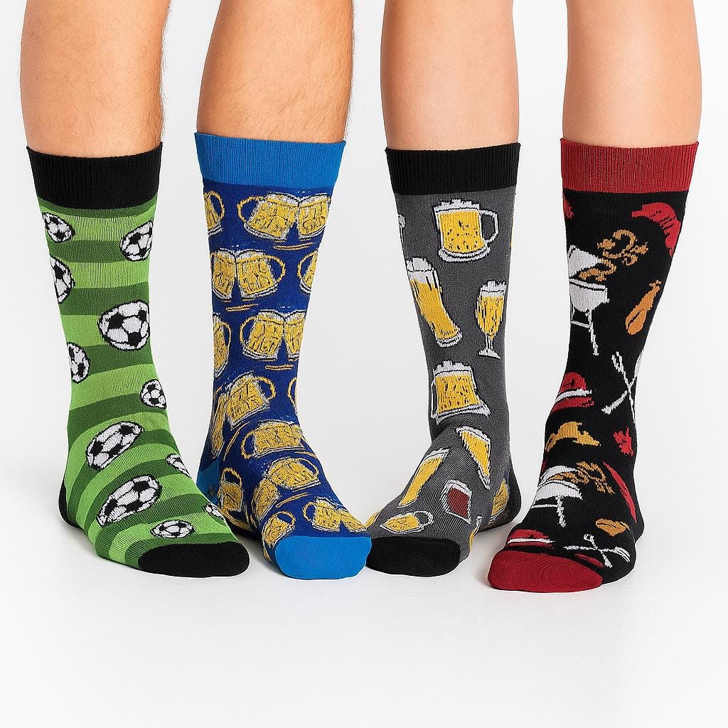 Lustiges Socken 4er Set – Bier, Grill, Fußball – Geschenkidee Männer – Größe 42–46