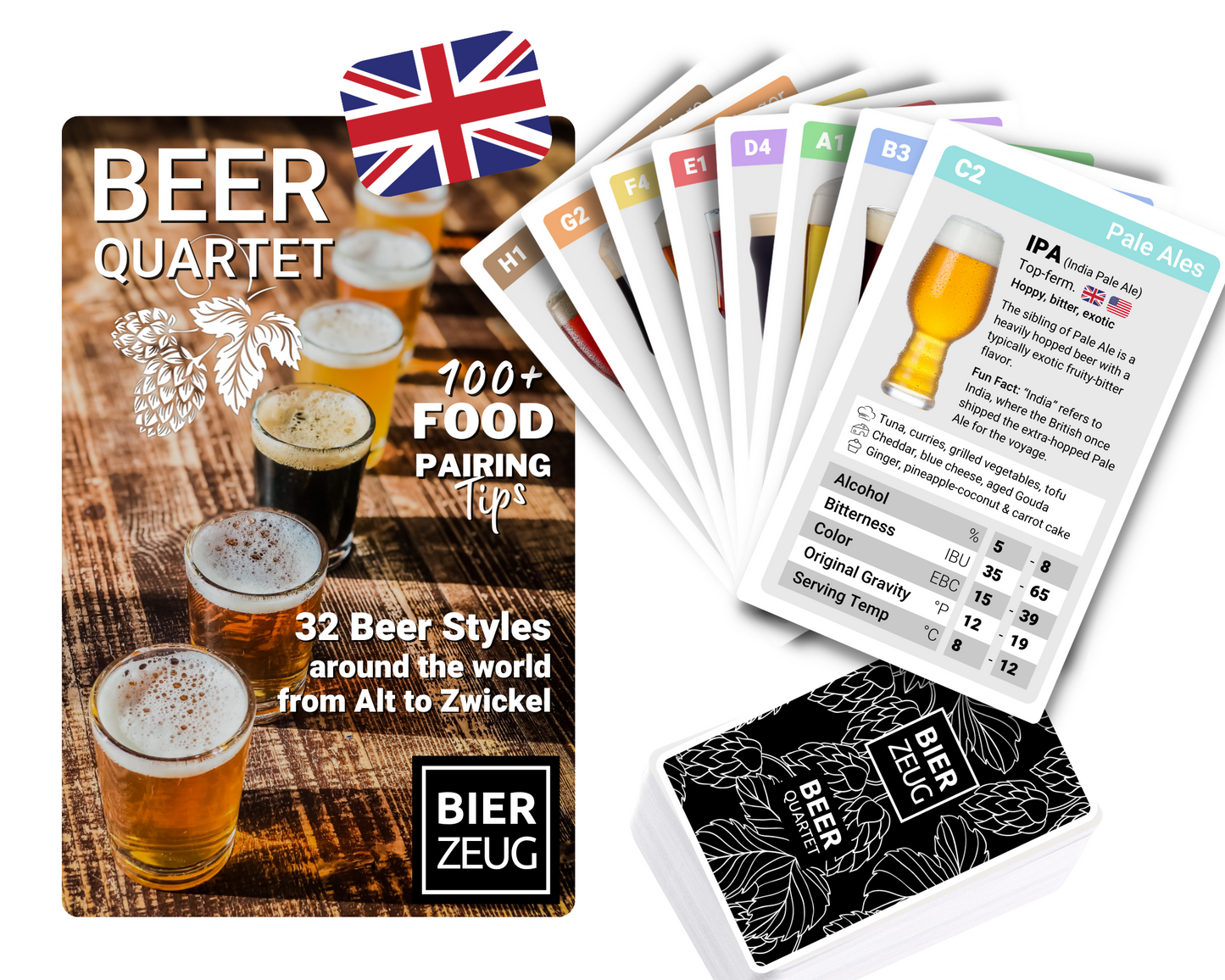 BEER QUARTET | The ultimate beer learning game | 32 beer styles from around the world from Alt to Zwickel | 100+ Food Pairing Tips | 2-4 players