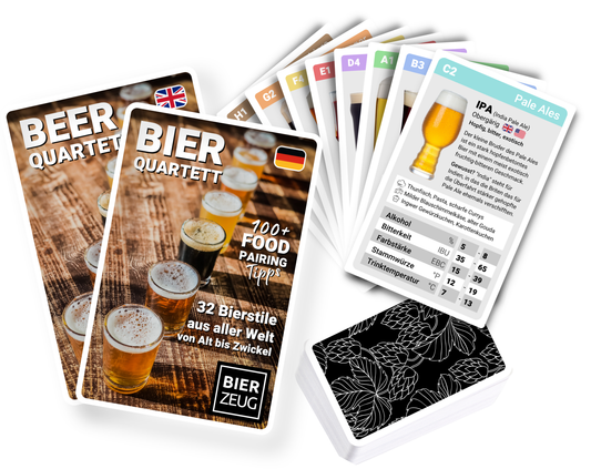 BIER-QUARTETT | Das ultimative Bier-Lernspiel mit 32 Bierstilen weltweit | Über 100 Food-Pairing-Tipps | Spaß für 2-4 Spieler | Biergeschenk