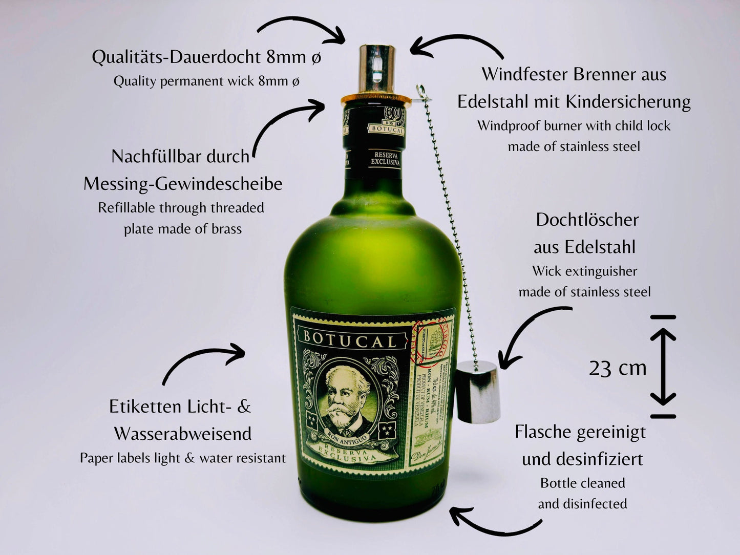 Rum-Öllampe ”Botucal” | Handgemachte Öllampe aus Botucal-Flaschen | Upcycling | Handgemacht | Individuell | Geschenk | Deko | H:23cm - 0,7l
