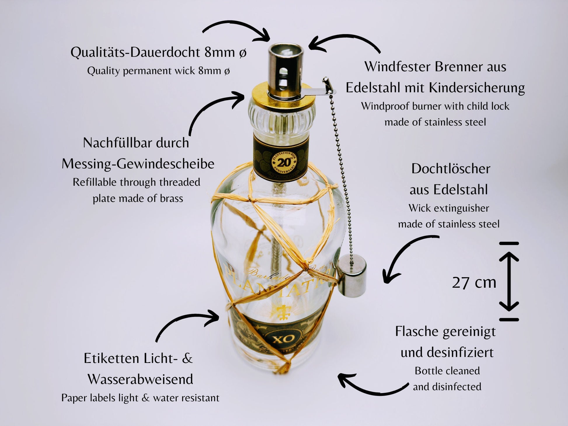 Rum-Öllampe ”Plantation XO 20th Anniversary” | Handgemachte Öllampe aus Rum-Flaschen | Upcycling | Handgemacht | Geschenk | Deko | H:27cm