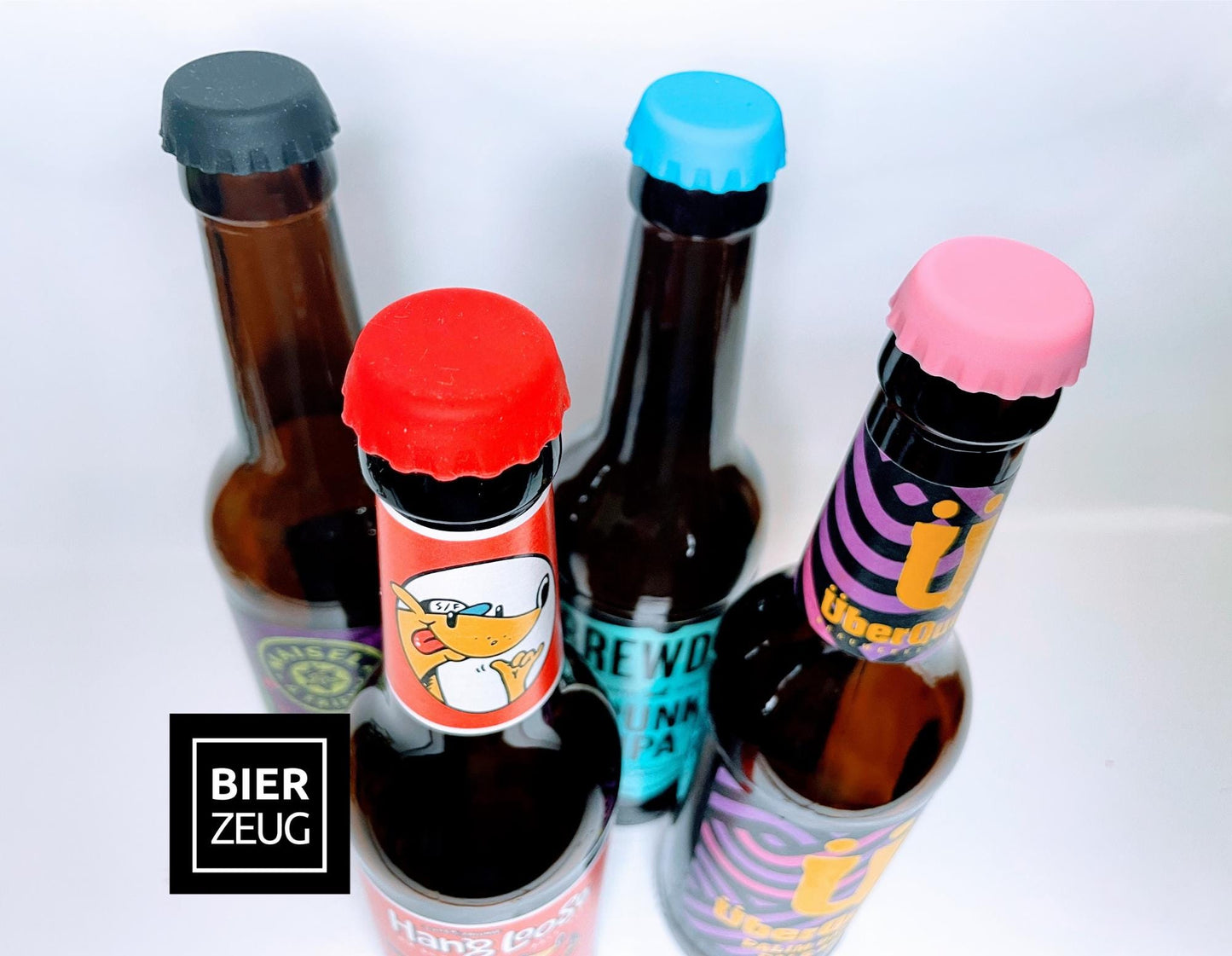 Silikon-Kronkorken "BierBuddys" 4er Set | Wiederverwendbare Flaschenverschlüsse zum Verschließen & Markieren | Spülmaschinenfest, Geschenk