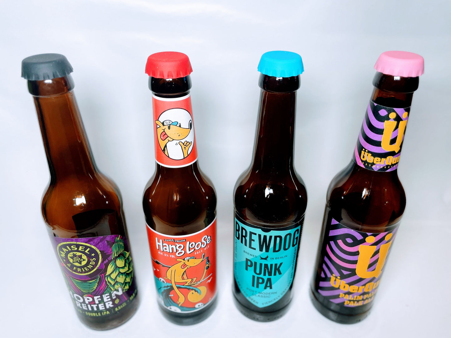 Silikon-Kronkorken "BierBuddys" 4er Set | Wiederverwendbare Flaschenverschlüsse zum Verschließen & Markieren | Spülmaschinenfest, Geschenk