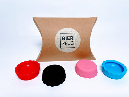 Silikon-Kronkorken "BierBuddys" 4er Set | Wiederverwendbare Flaschenverschlüsse zum Verschließen & Markieren | Spülmaschinenfest, Geschenk