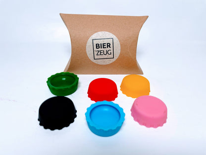 Silikon-Kronkorken "BierBuddys" 4er Set | Wiederverwendbare Flaschenverschlüsse zum Verschließen & Markieren | Spülmaschinenfest, Geschenk