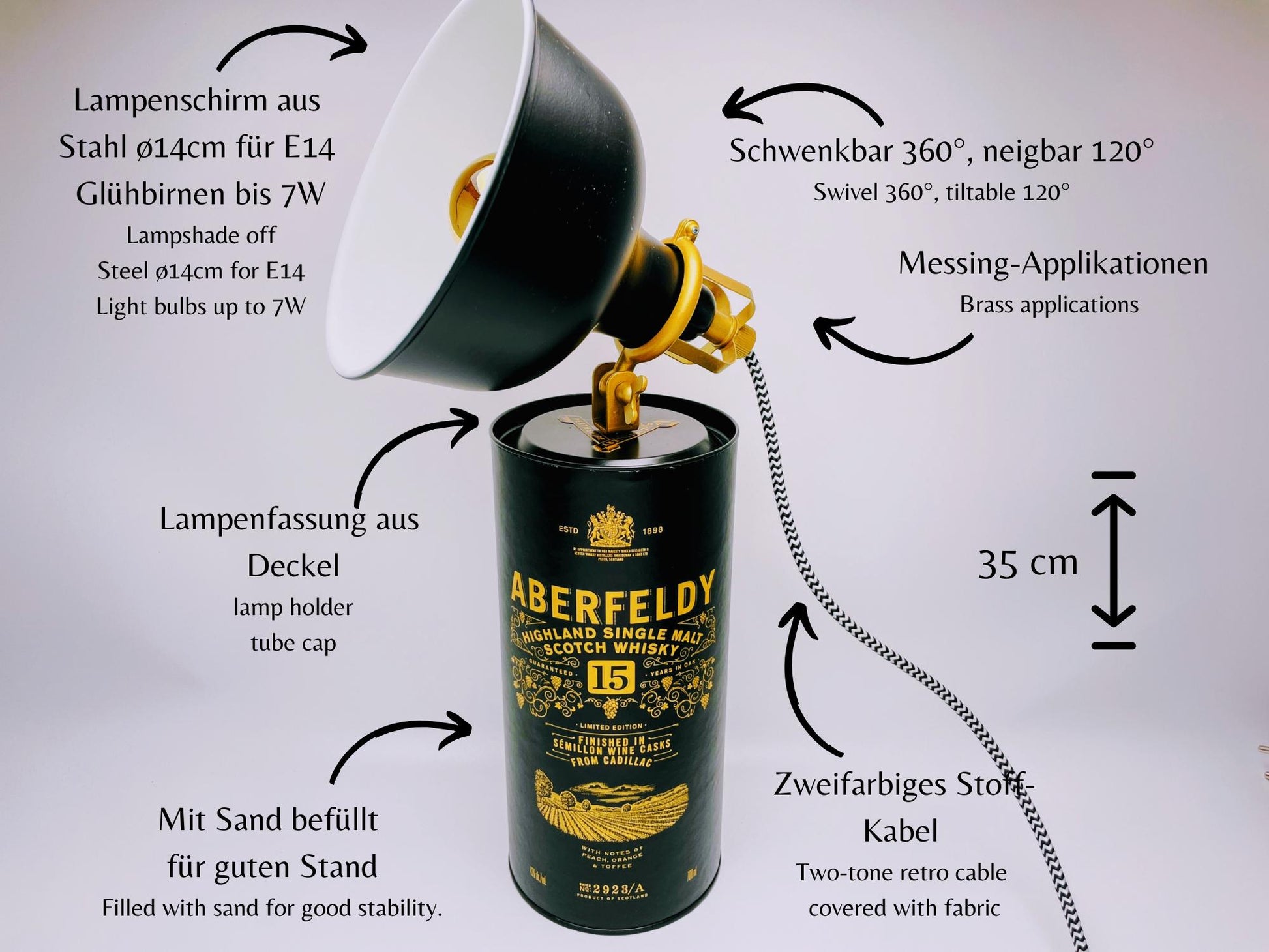 Tischlampe aus Whisky Tubes | Handgemachte Upcycling Design-Lampe für Whisky-Fans | Einzigartige Geschenkidee | Retro Licht Deko