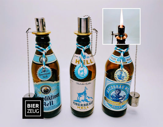 Upcycling Öllampe aus Helles-Bierflasche | Handgemachte Upcycling Gartenfackel | Geschenk für Bayern & Bier-Fans
