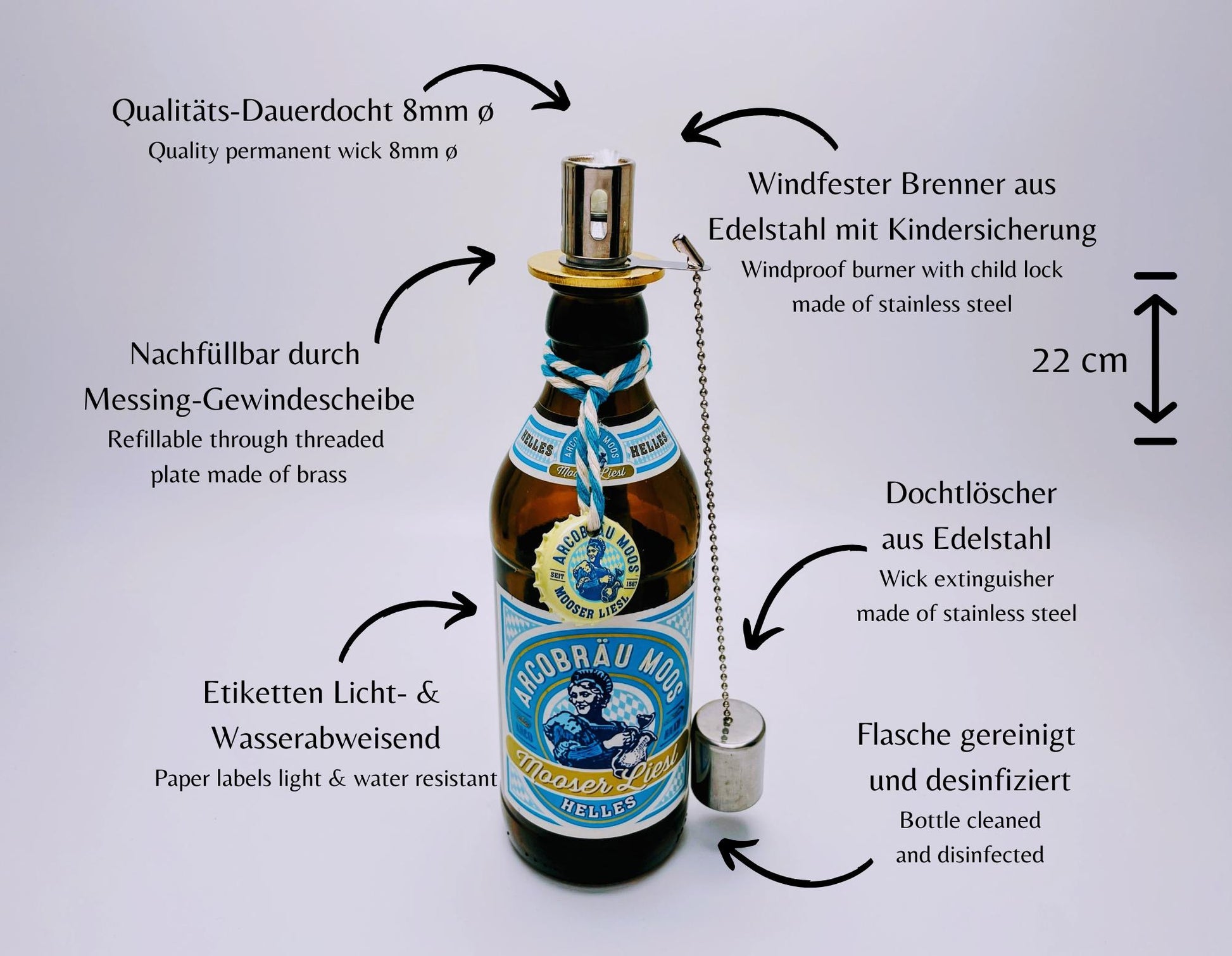 Upcycling Öllampe aus Helles-Bierflasche | Handgemachte Upcycling Gartenfackel | Geschenk für Bayern & Bier-Fans