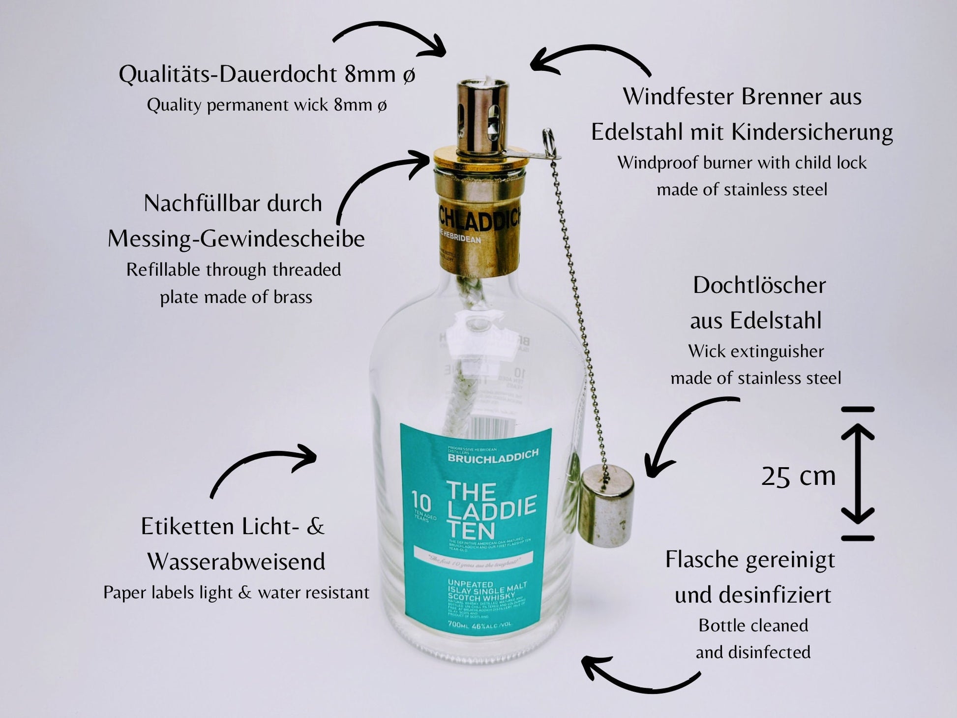 Whisky-Öllampe ”Bruichladdich” | Handgemachte Öllampe aus Bruichladdich Flaschen | Upcycling | Individuell | Geschenk | Schottland | Deko