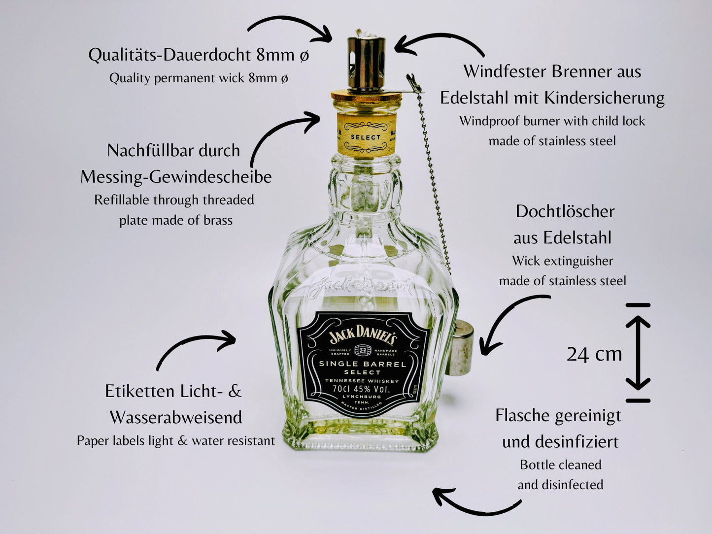 Whisky-Öllampe ”Highland Glow” | Handgefertigt aus recycelten Whiskeyflaschen | Vielseitiges Upcycling-Geschenk | Ideal für Balkon & Garten