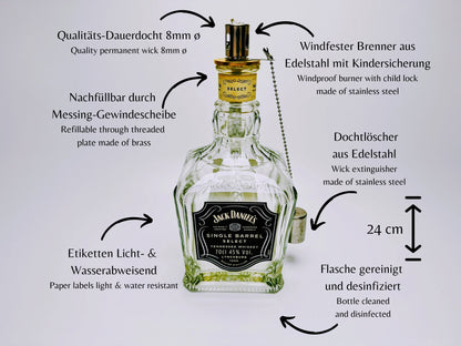 Whisky-Öllampe ”Jack Daniels” | Handgemachte Öllampe aus Jack Daniels Single Barrel Flasche | Upcycling Deko | Individuelles Geschenk