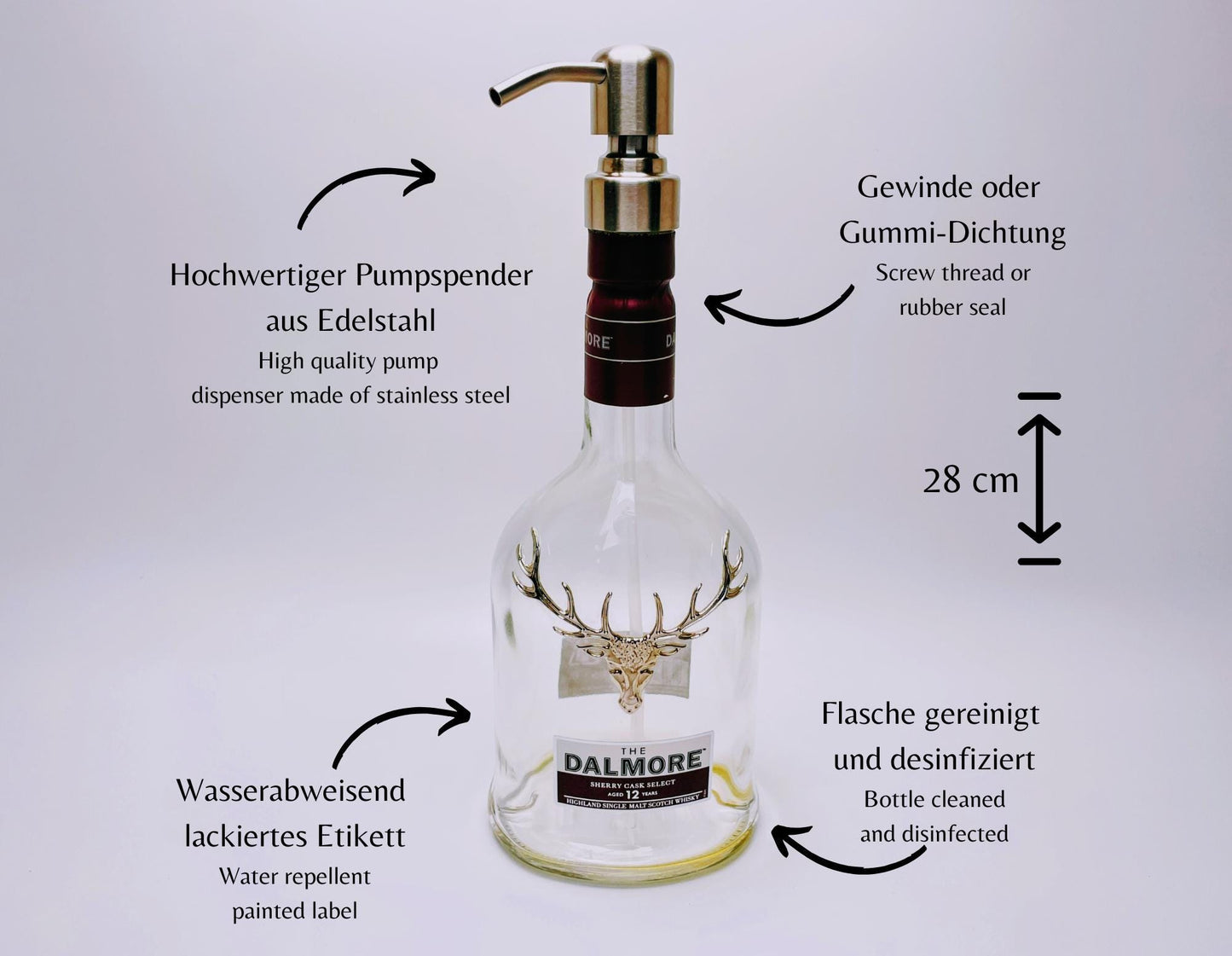Whisky-Seifenspender Dalmore | Upcycling Pumpspender aus Dalmore Whiskey Flaschen | Nachfüllbar mit Seife | Bad Deko | Geschenk Jäger