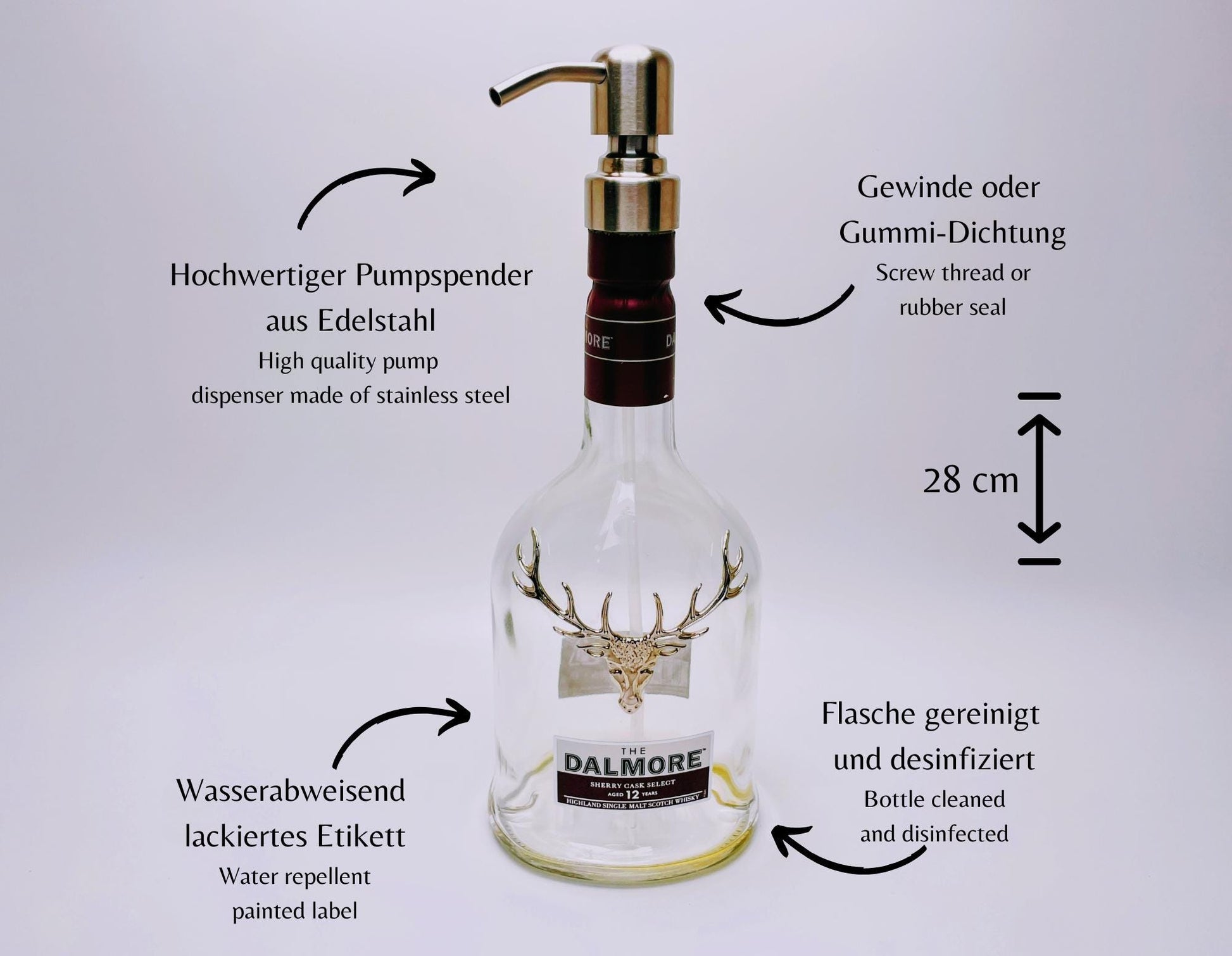 Whisky-Seifenspender Dalmore | Upcycling Pumpspender aus Dalmore Whiskey Flaschen | Nachfüllbar mit Seife | Bad Deko | Geschenk Jäger